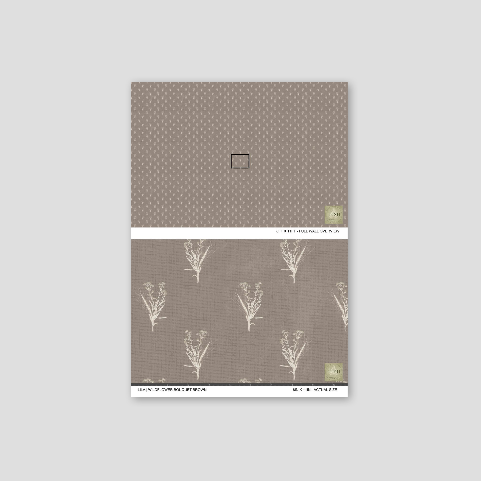 Taupe wallpaper with ivory botanical motifs, textured floral pattern.