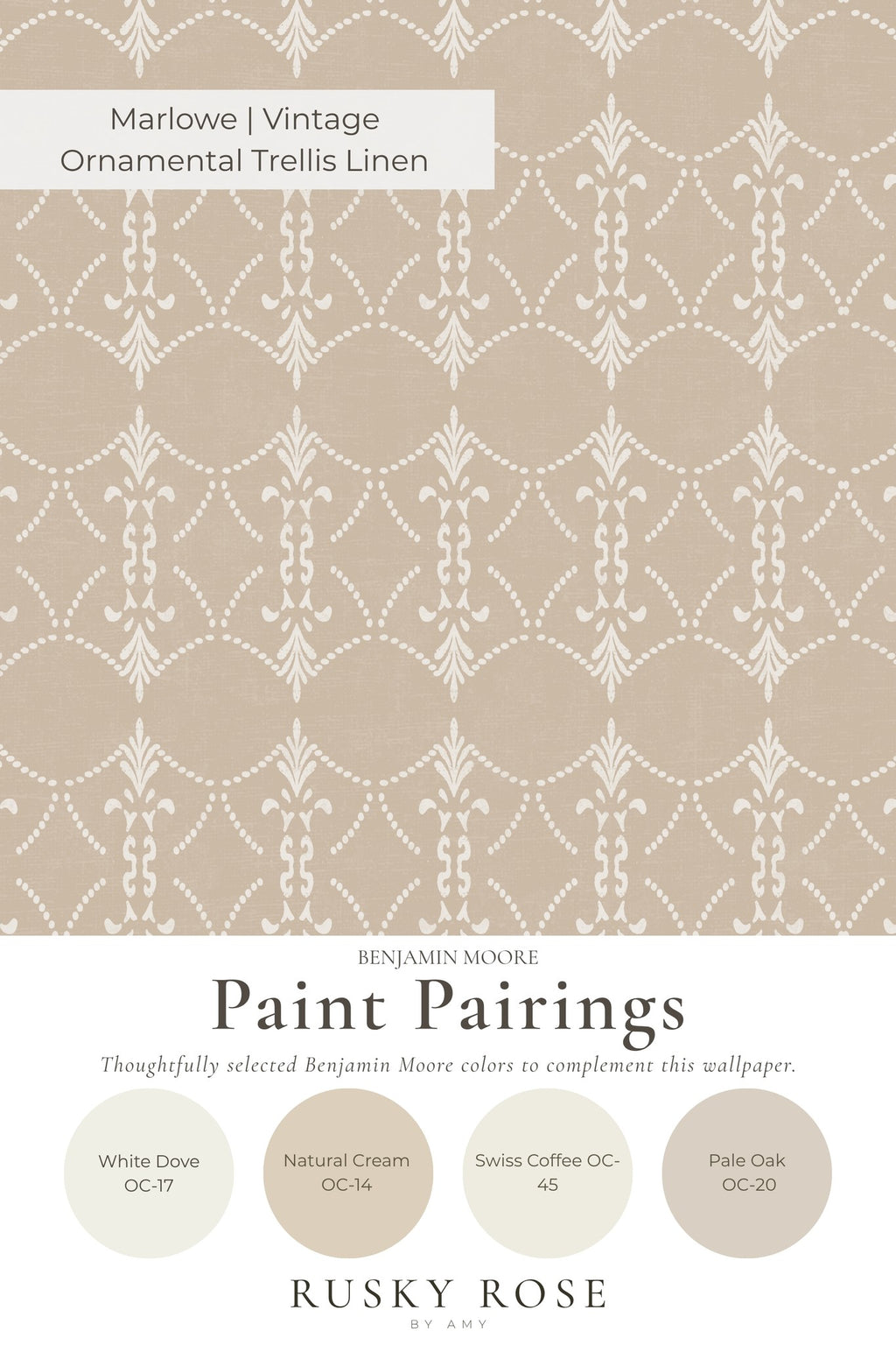 Taupe and ivory ornamental trellis wallpaper with vintage floral design.