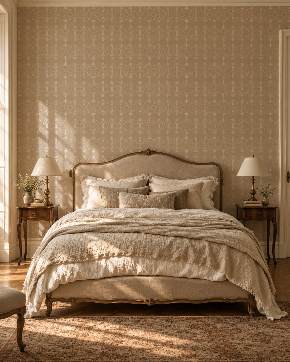 Taupe and ivory ornamental trellis wallpaper in elegant bedroom setting with vintage furniture.