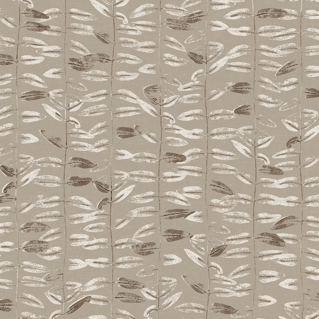 Taupe wallpaper with olive branch pattern, subtle earthy tones.