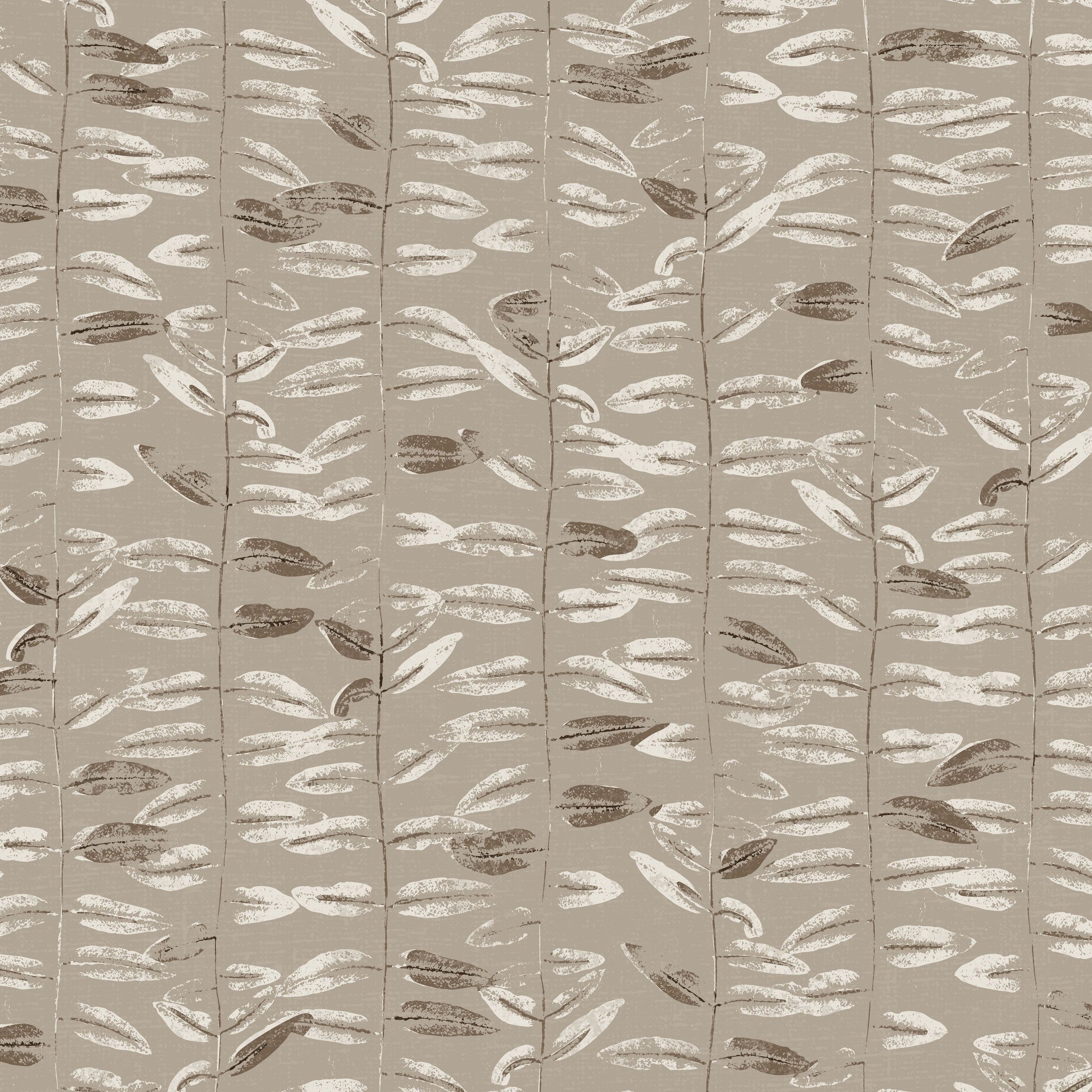 Taupe wallpaper with olive branch pattern, subtle earthy tones.