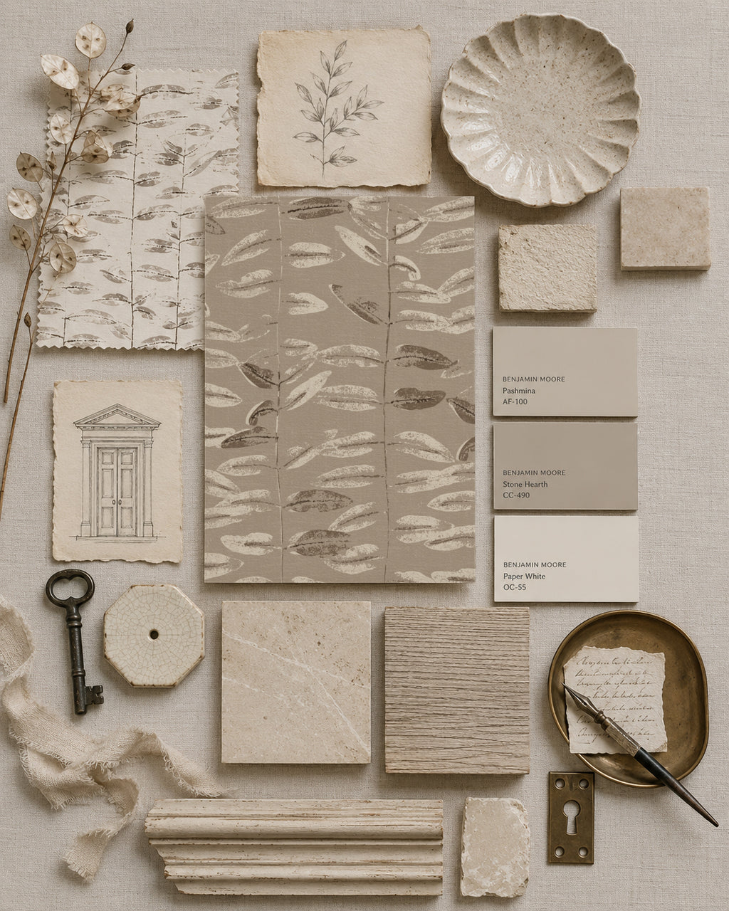 Taupe wallpaper with olive branch pattern in a neutral material sample flatlay.