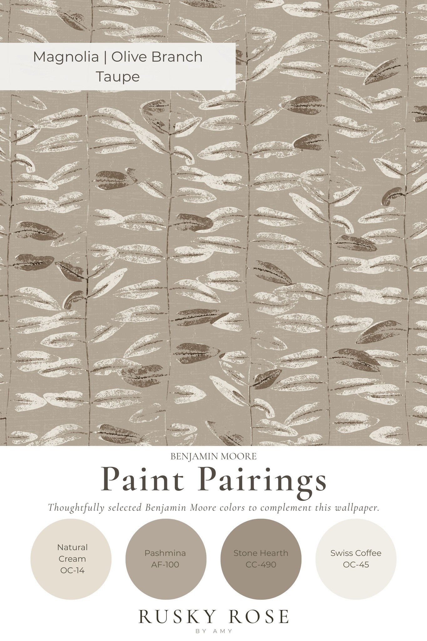 Taupe wallpaper with olive branch pattern and paint pairings.