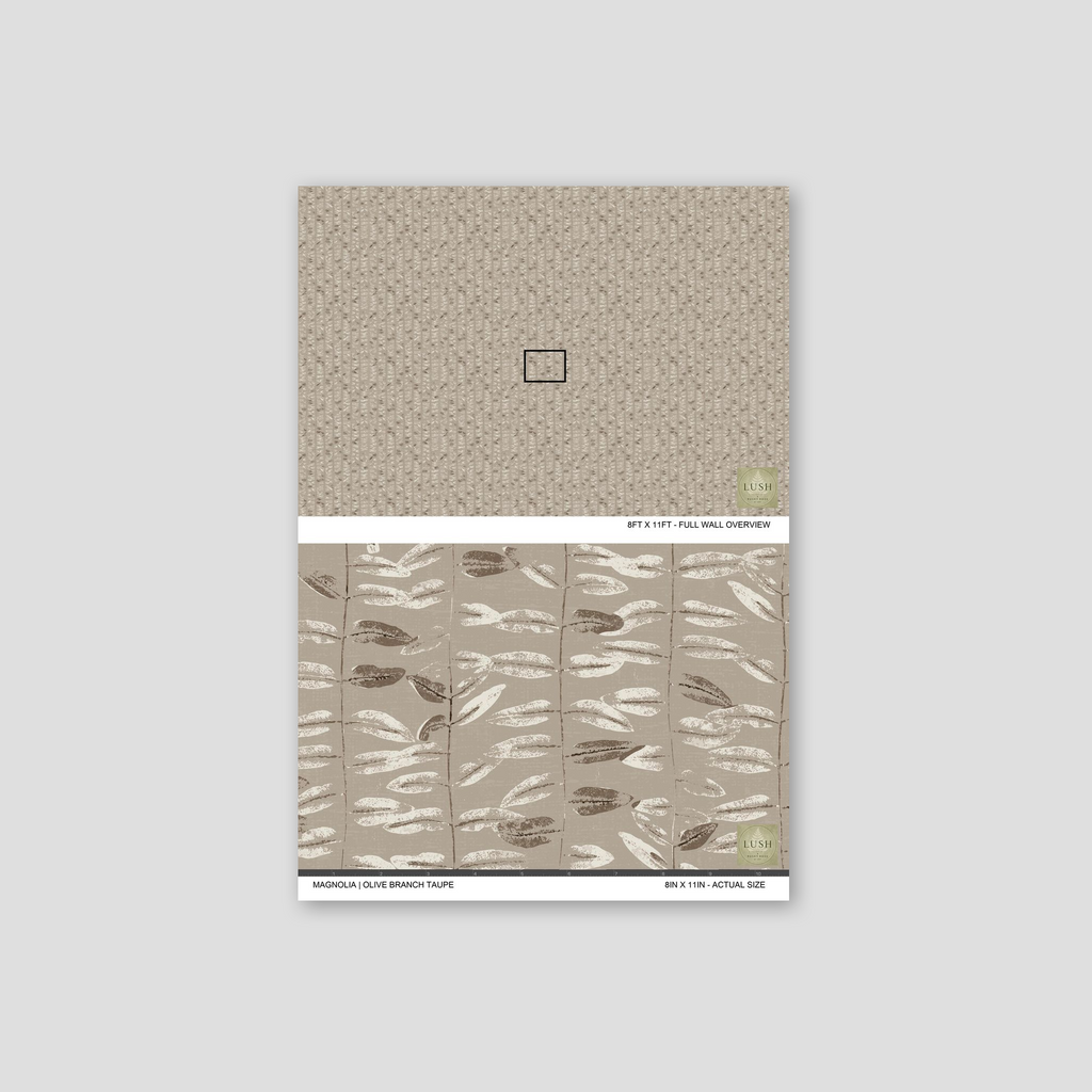 Taupe wallpaper with olive branch pattern, earthy neutrals, sample view.