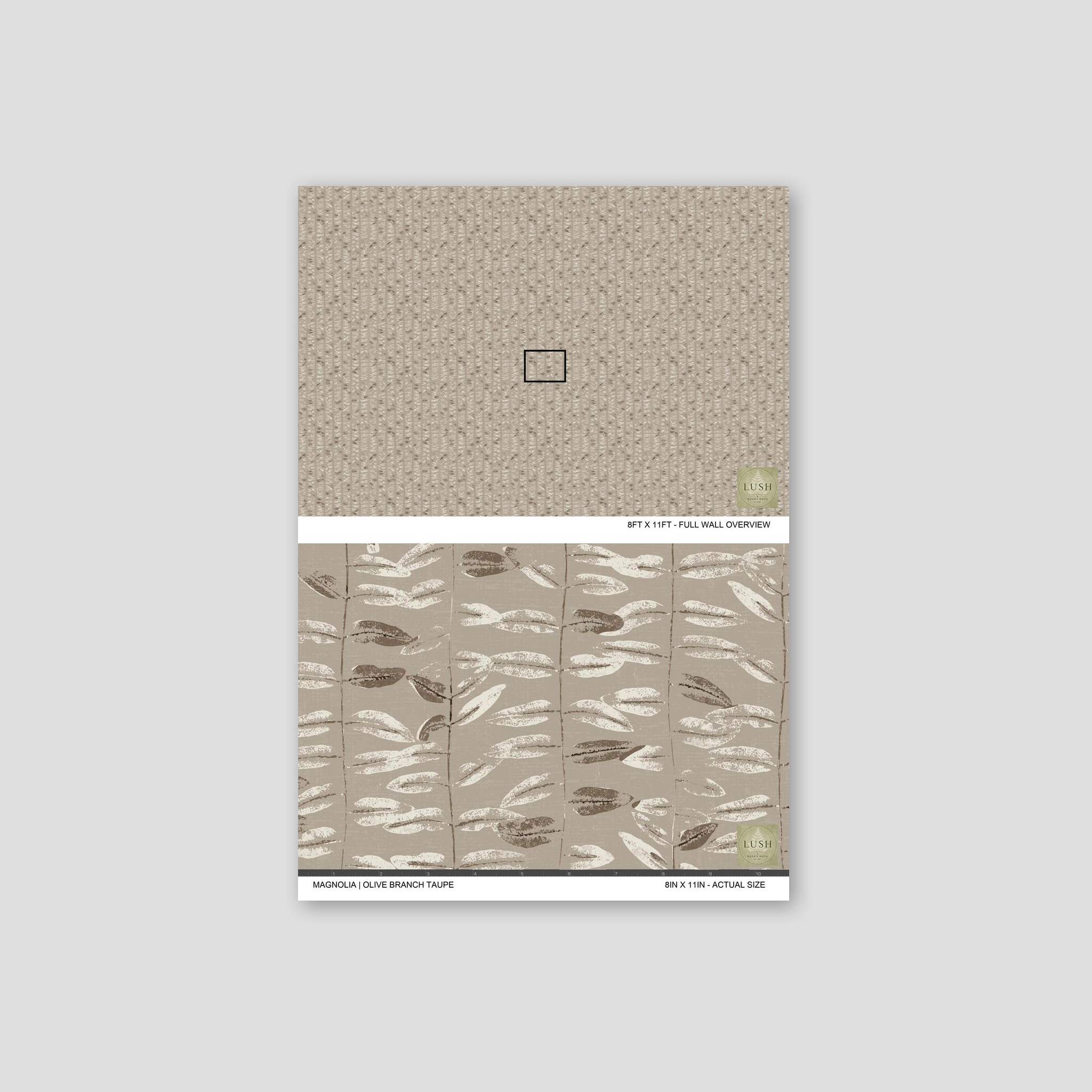 Taupe wallpaper with olive branch pattern, earthy neutrals, sample view.