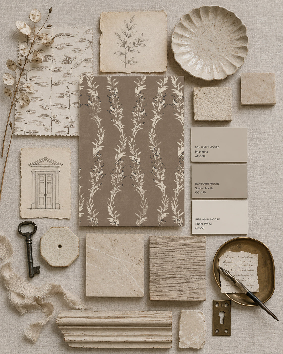 Taupe wallpaper with vertical vine pattern in a rustic decor setting.