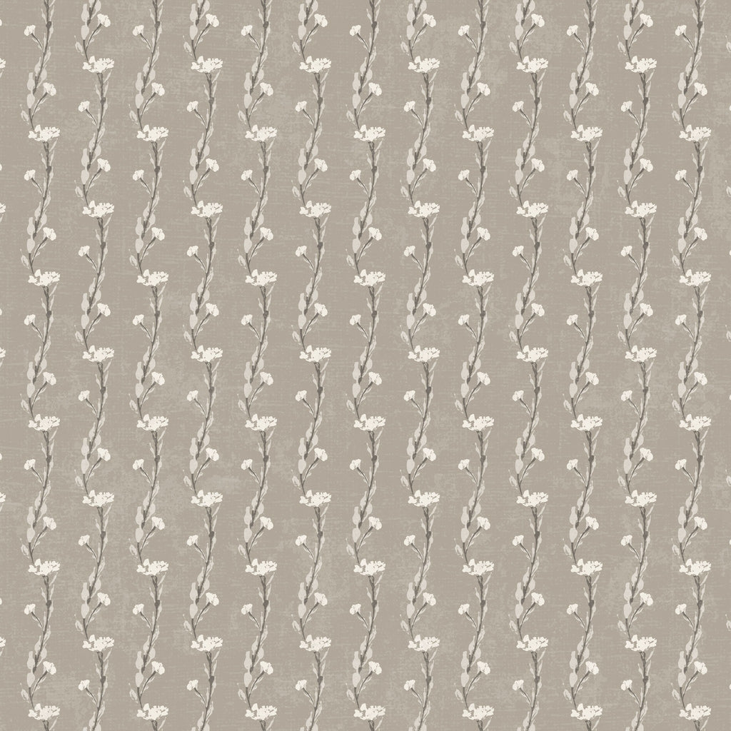 Taupe wallpaper with delicate vine motifs in a classic floral pattern.