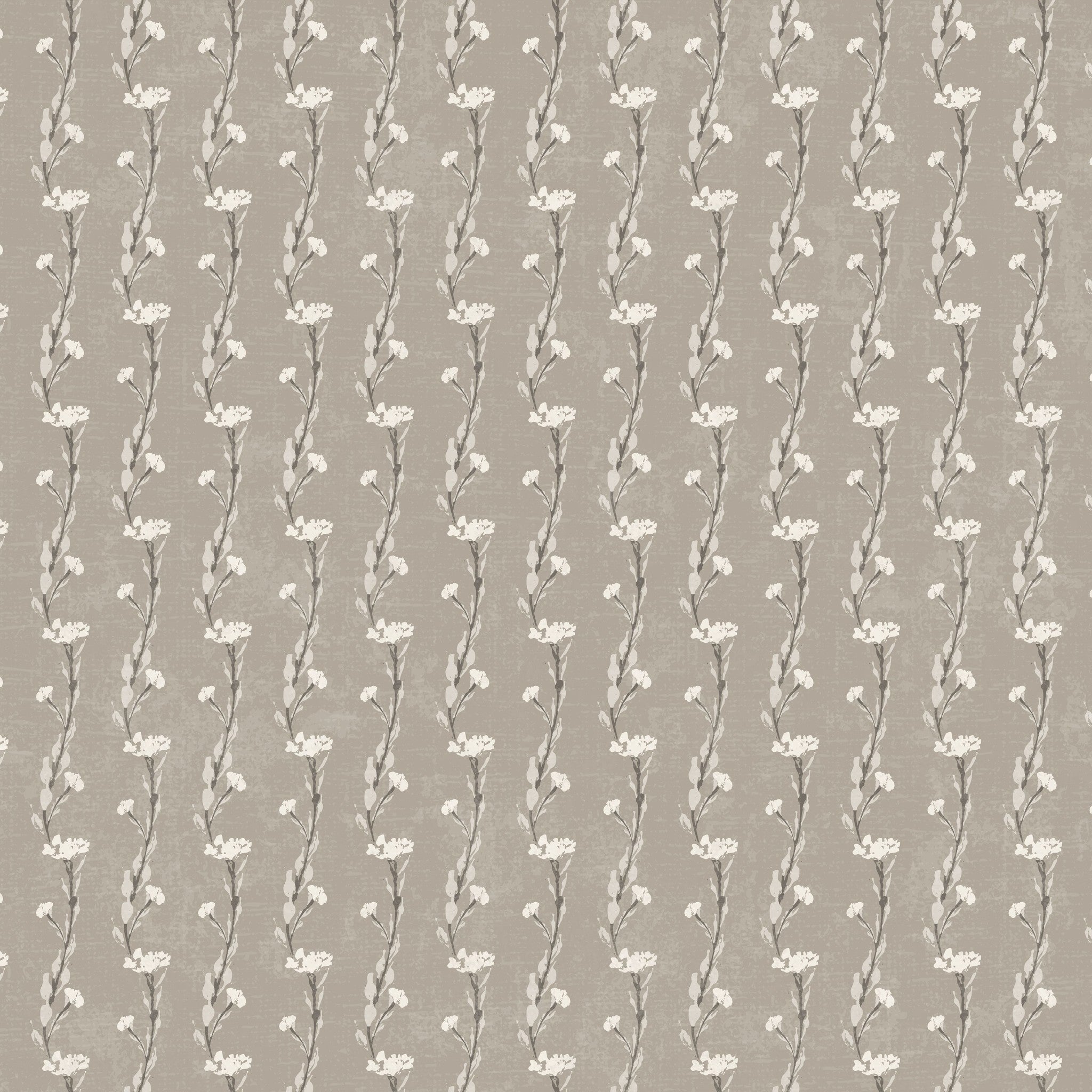Taupe wallpaper with delicate vine motifs in a classic floral pattern.