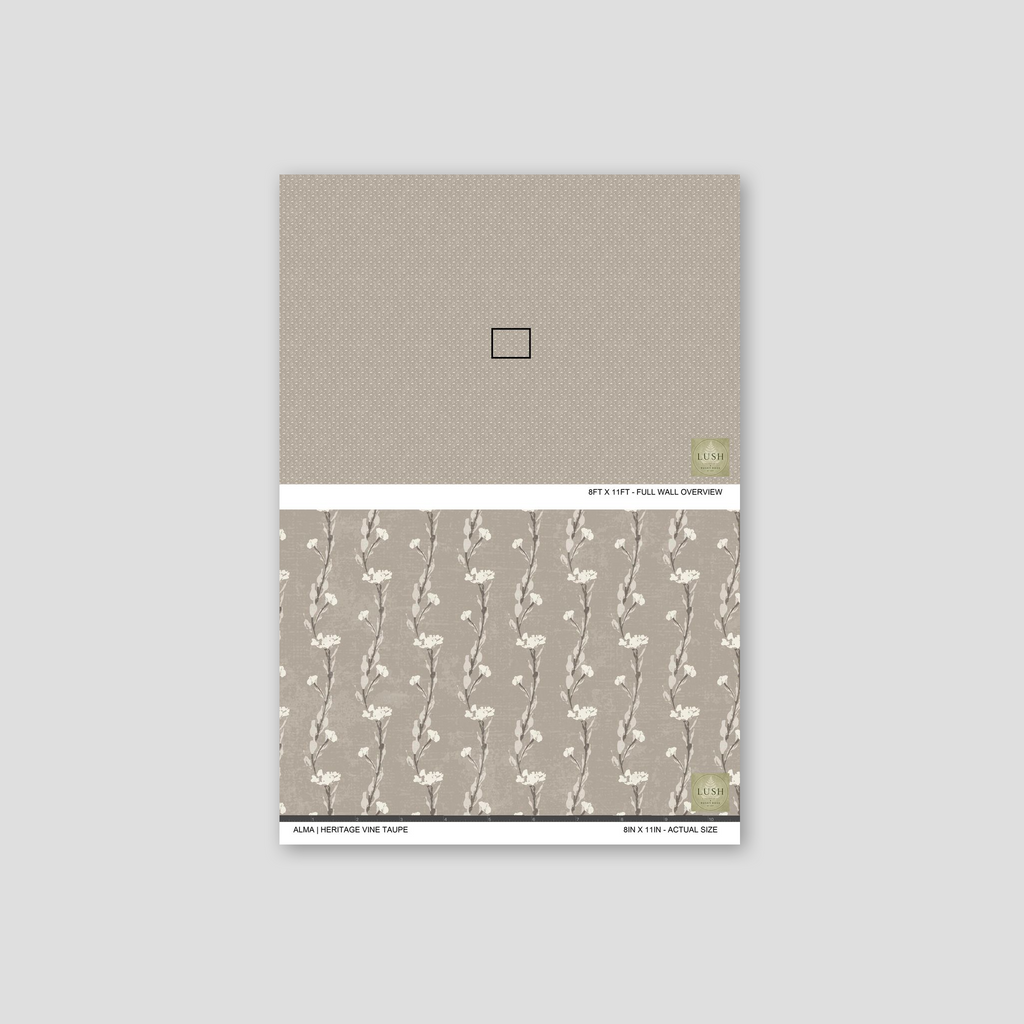 Taupe wallpaper with delicate vine pattern, elegant and timeless design.