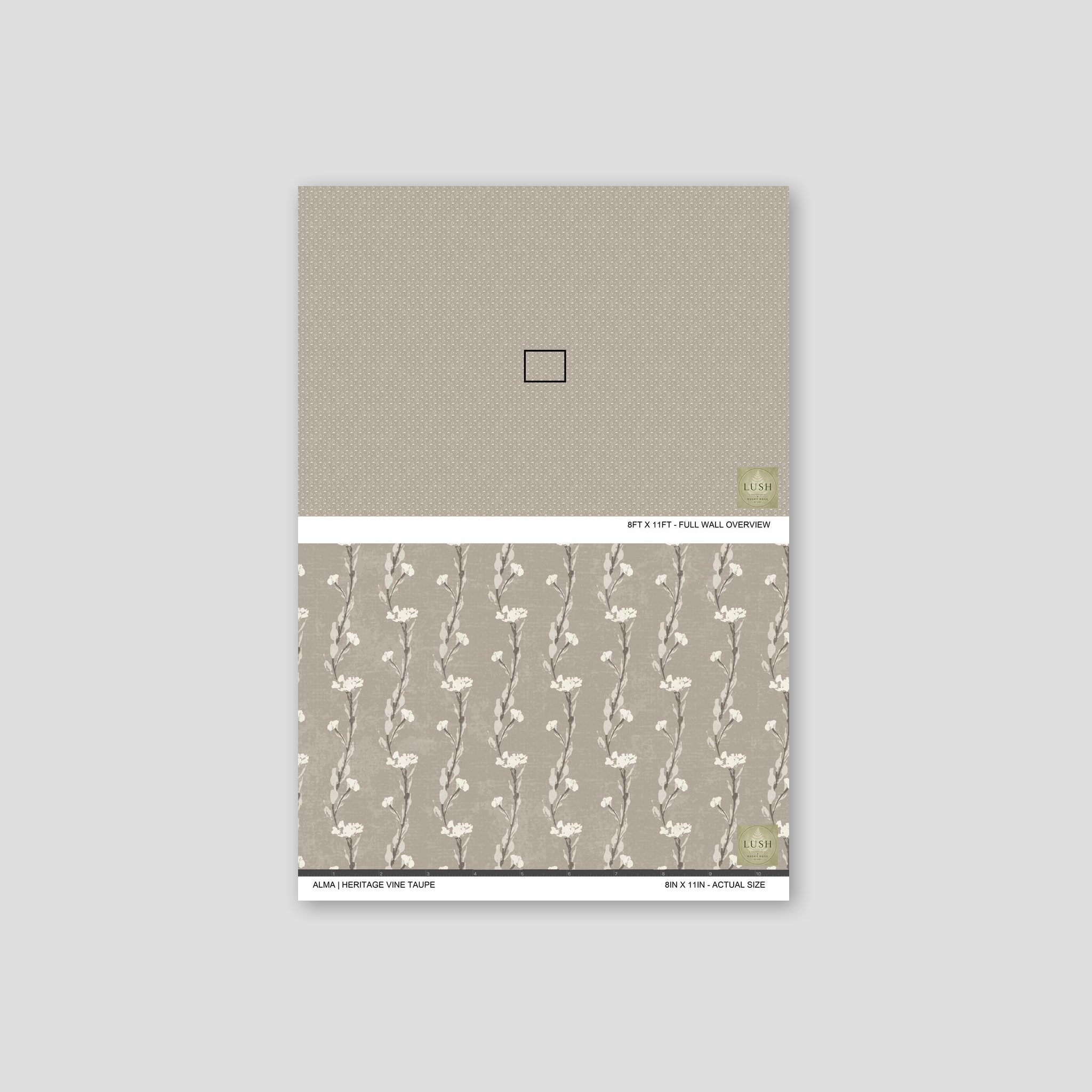 Taupe wallpaper with delicate vine pattern, elegant and timeless design.