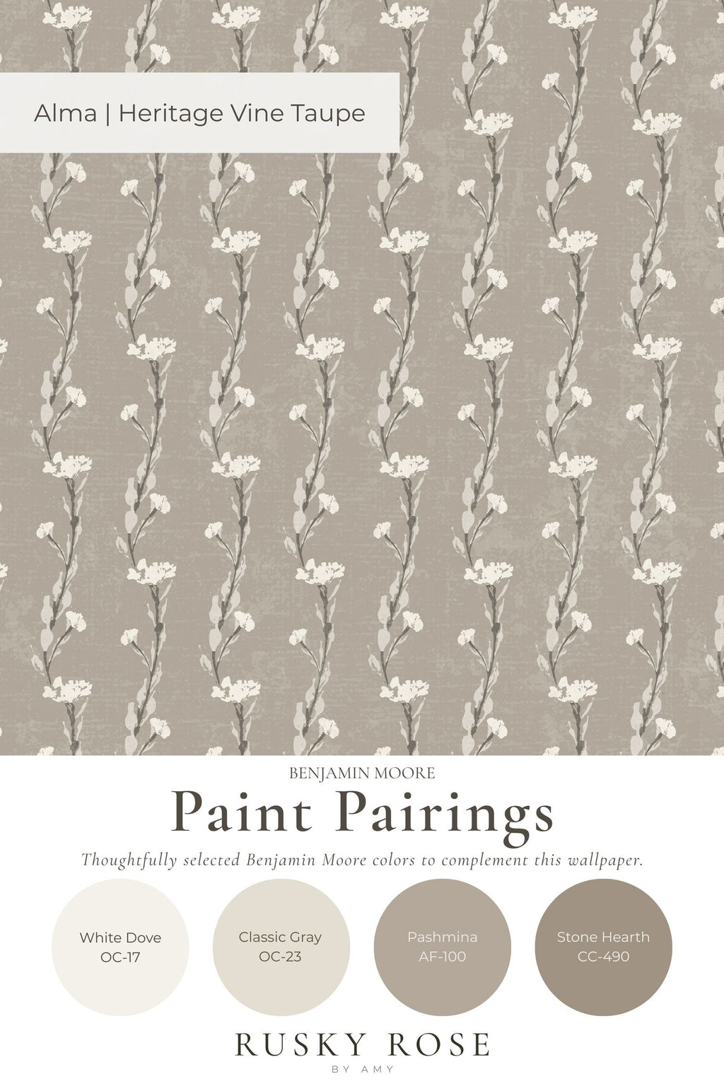 Taupe wallpaper with delicate vine motifs in a heritage style.