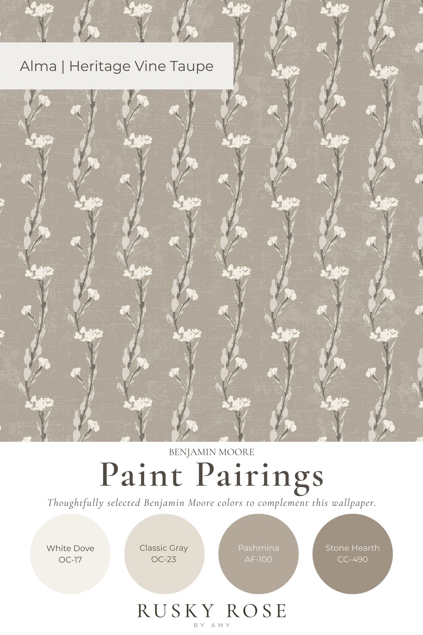 Taupe wallpaper with delicate vine motifs in a heritage style.