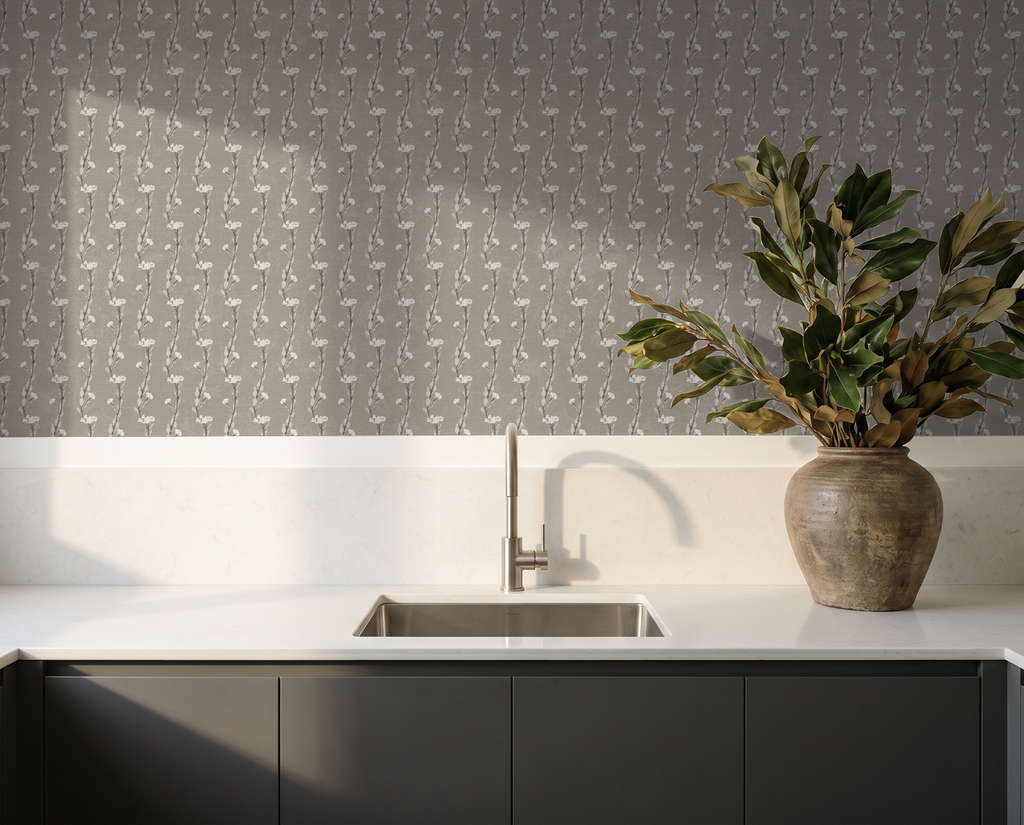Taupe vine pattern wallpaper in modern kitchen with vase and sink