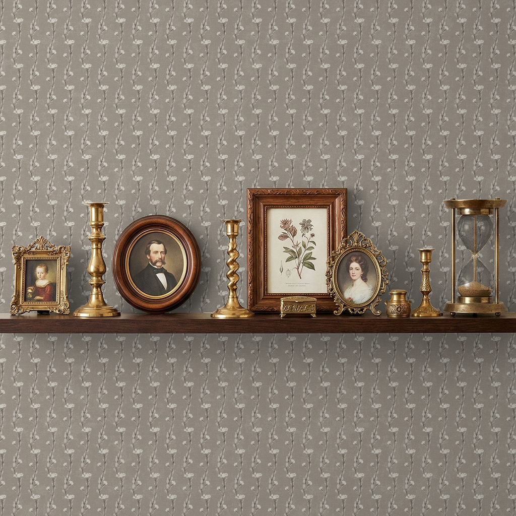 Taupe vine wallpaper with vintage decor on a shelf