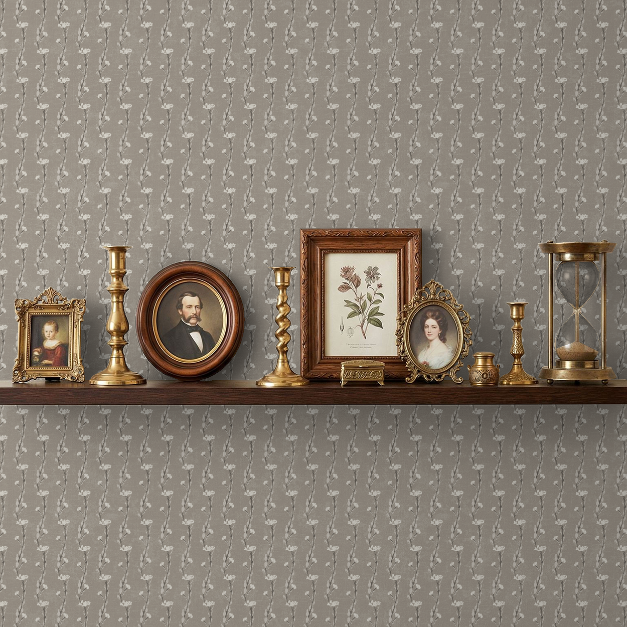 Taupe vine wallpaper with vintage decor on a shelf