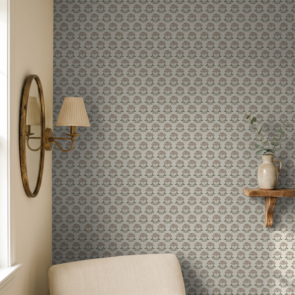 Taupe wildflower block print wallpaper in rustic living room with mirror and shelf decor.