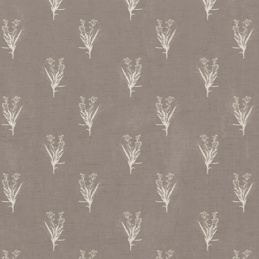 Taupe wallpaper with ivory wildflower bouquet pattern, delicate botanical design.