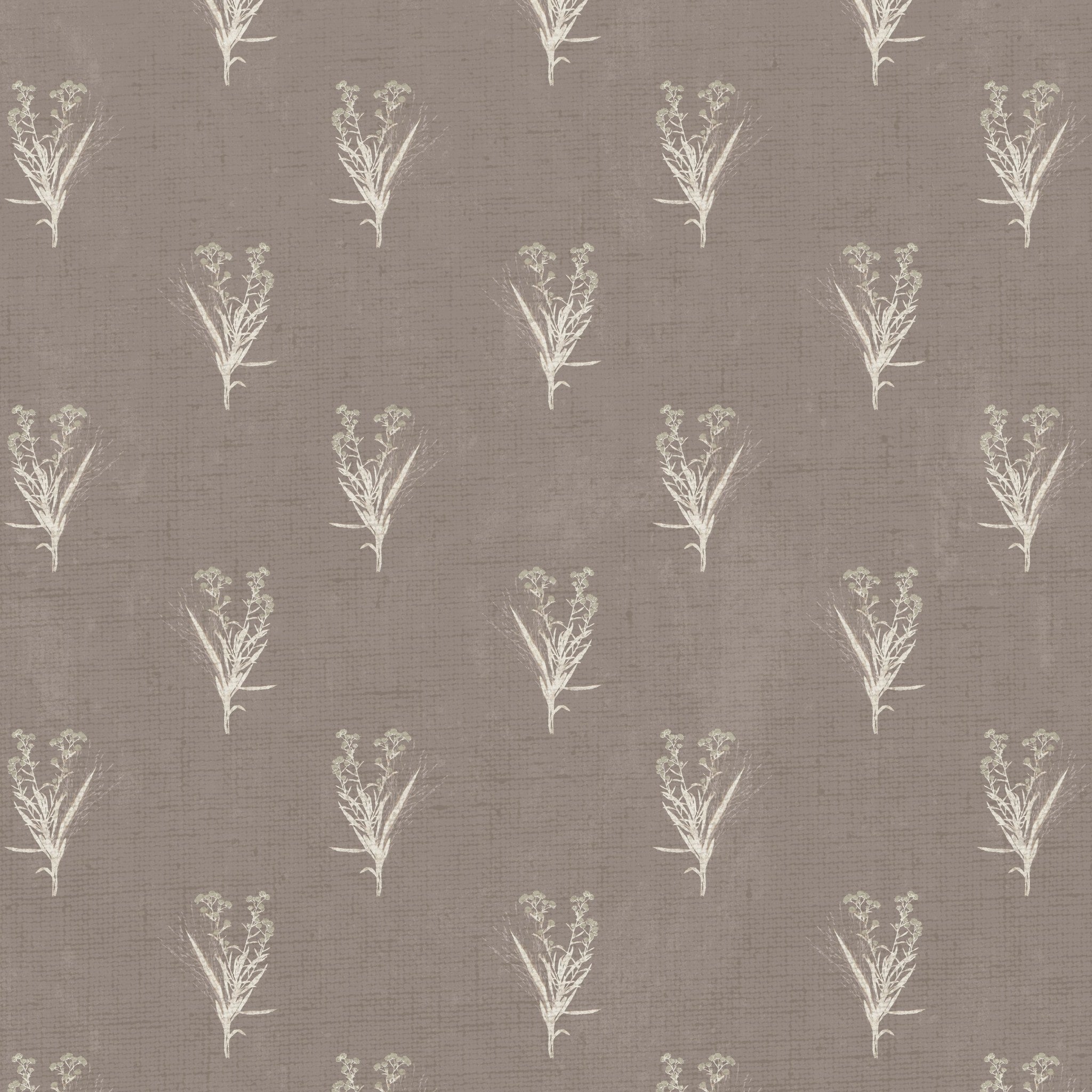 Taupe wallpaper with ivory wildflower bouquet pattern, delicate botanical design.