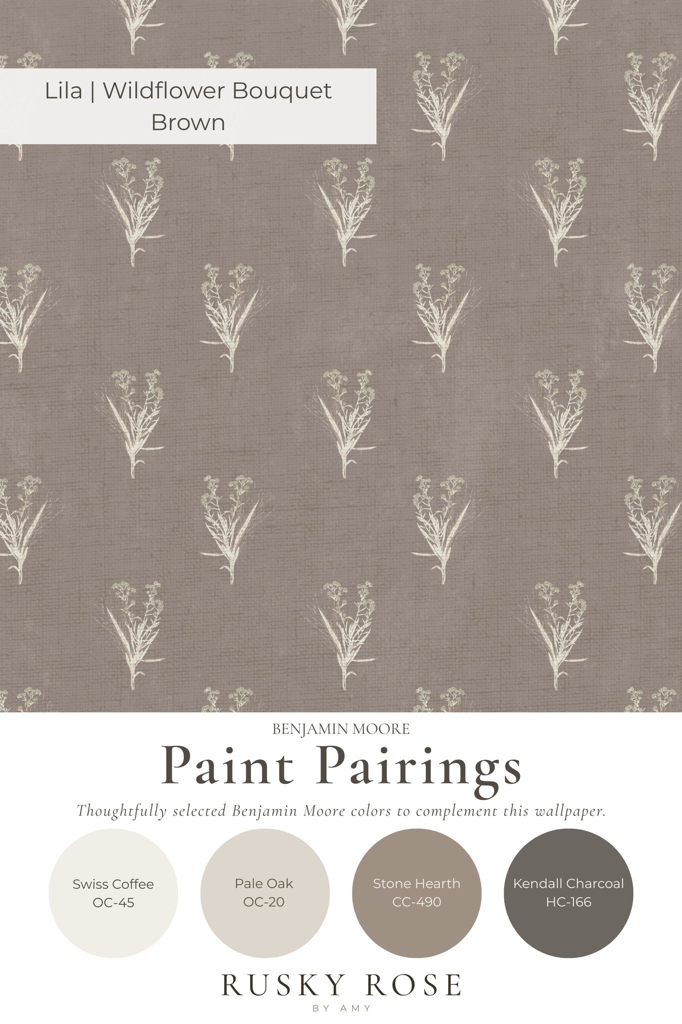 Taupe wallpaper with ivory wildflower motifs and paint pairings.