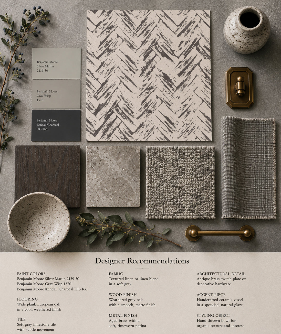 Timber Brush Herringbone Cream on Charcoal wallpaper with rustic decor elements.