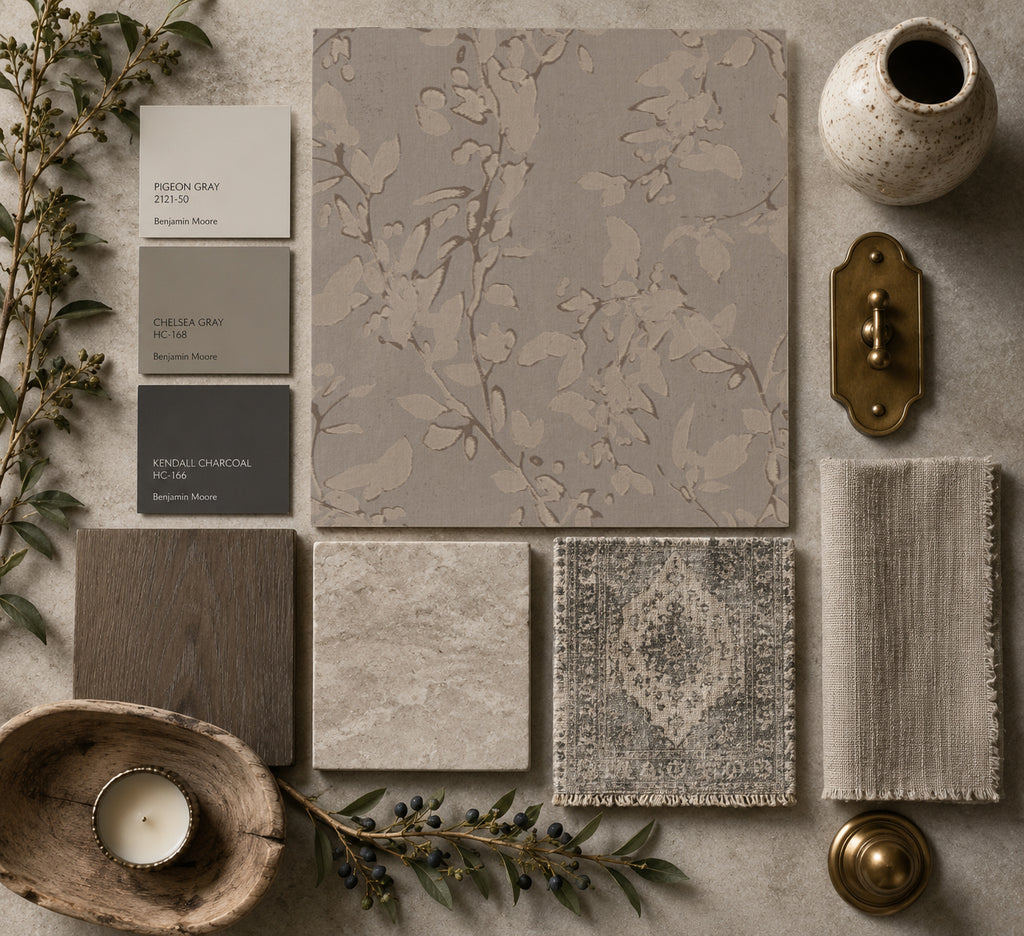 Trailing floral vine brown wallpaper with taupe and cream tones in a flatlay with decor samples.