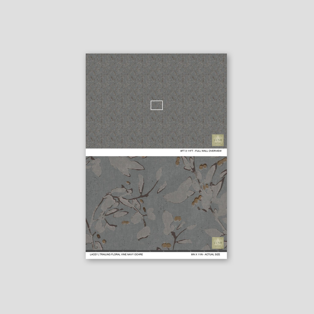 Trailing floral vine wallpaper in navy and ochre with botanical motifs