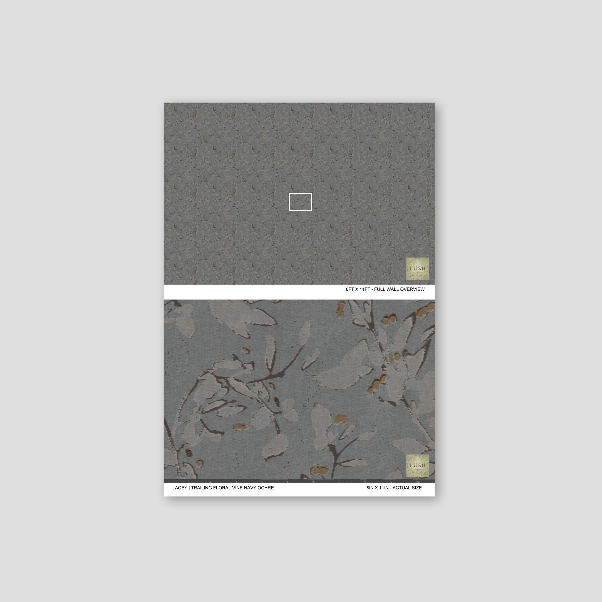 Trailing floral vine wallpaper in navy and ochre with botanical motifs