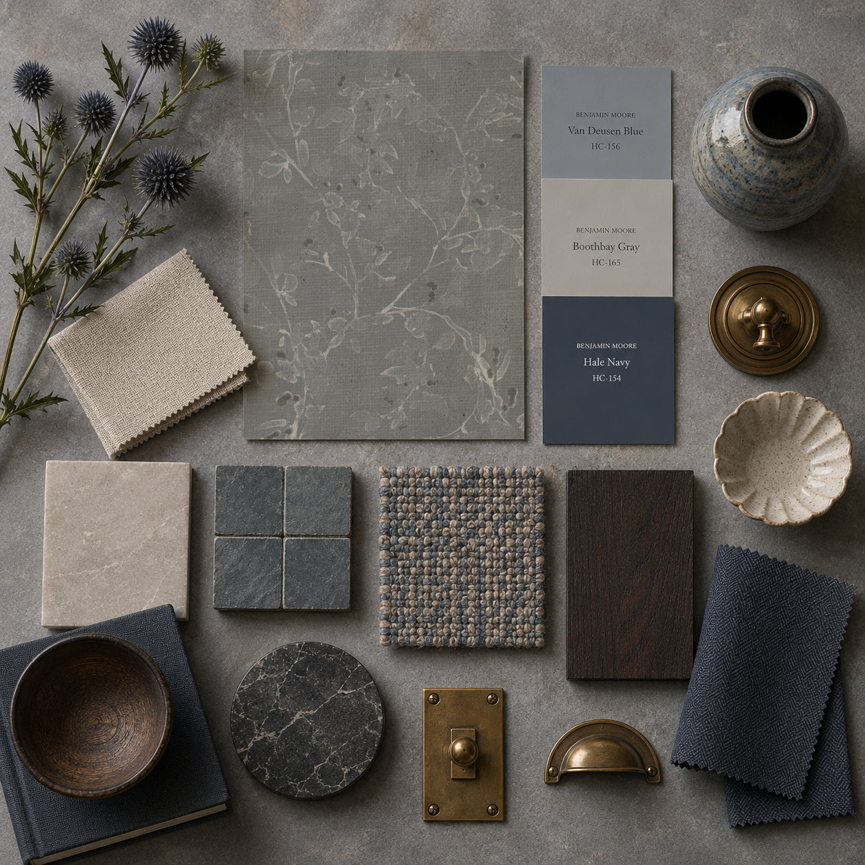 Trailing floral vine navy wallpaper with decor samples and color swatches.