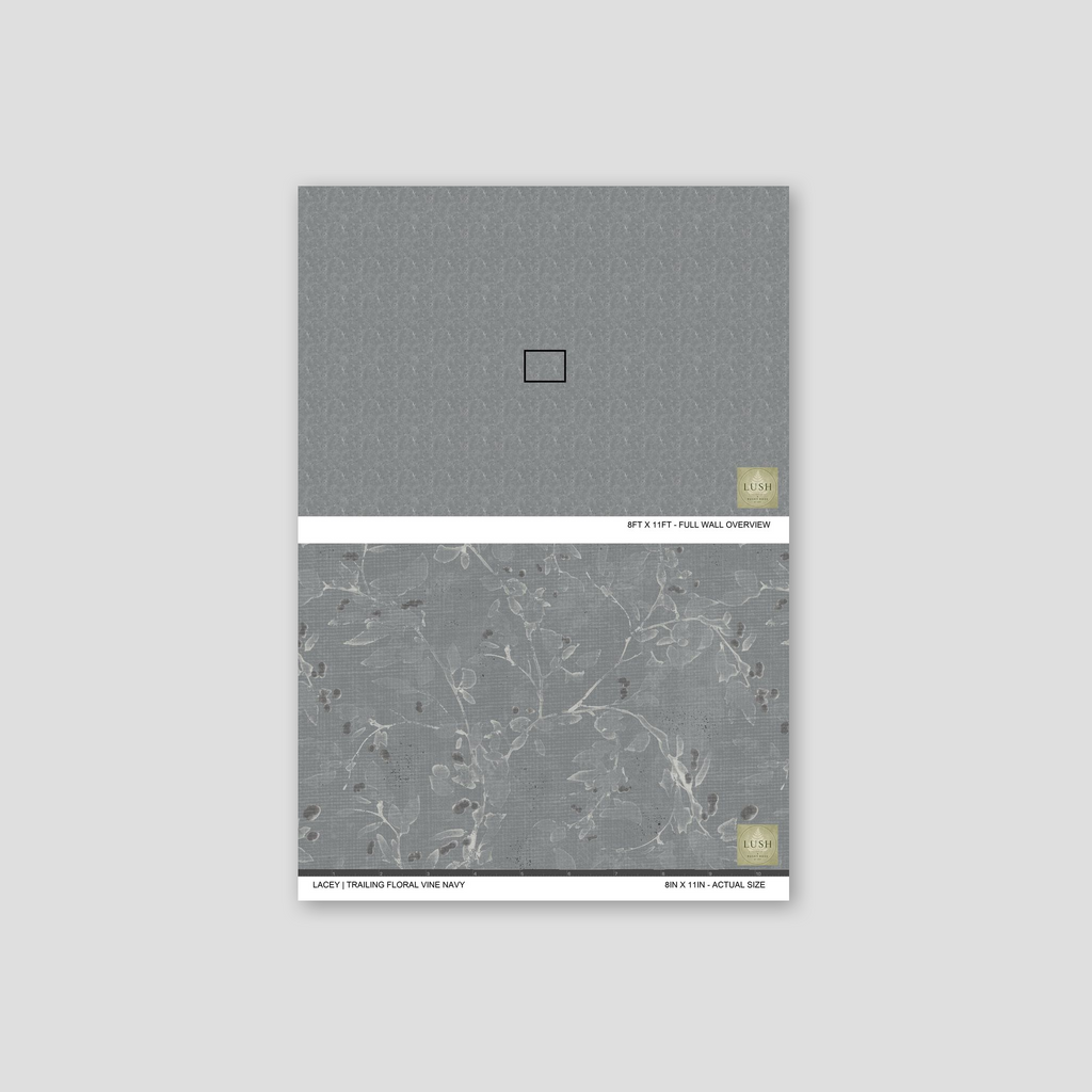 Trailing floral vine wallpaper on muted blue-gray background