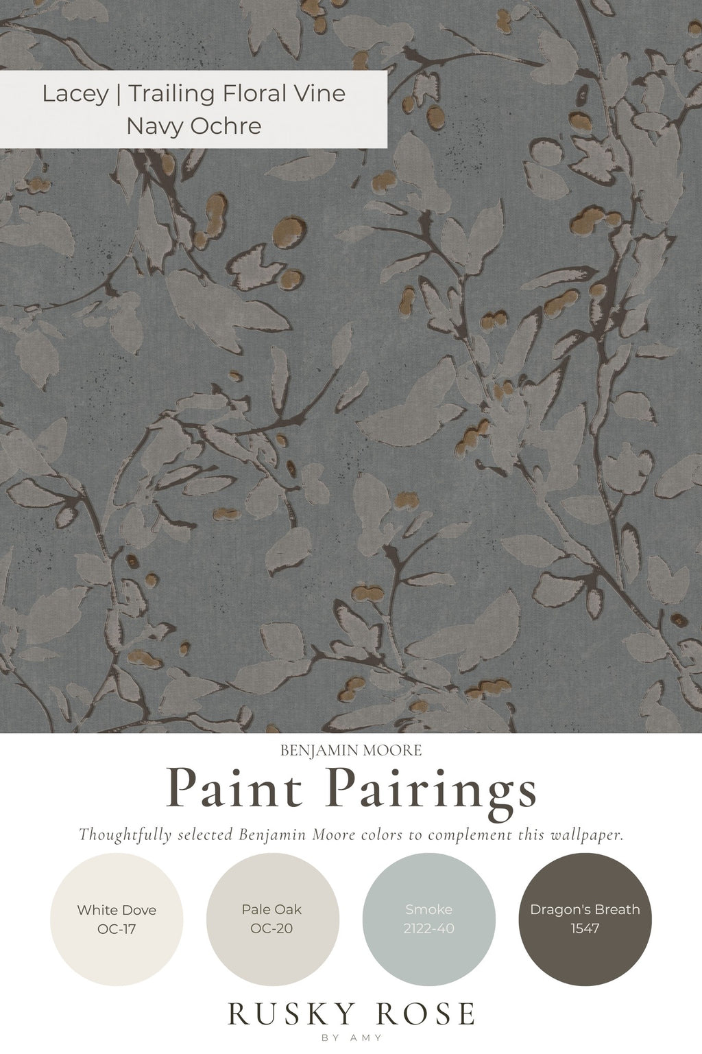 Trailing floral vine wallpaper in navy ochre with botanical motifs on a blue background.