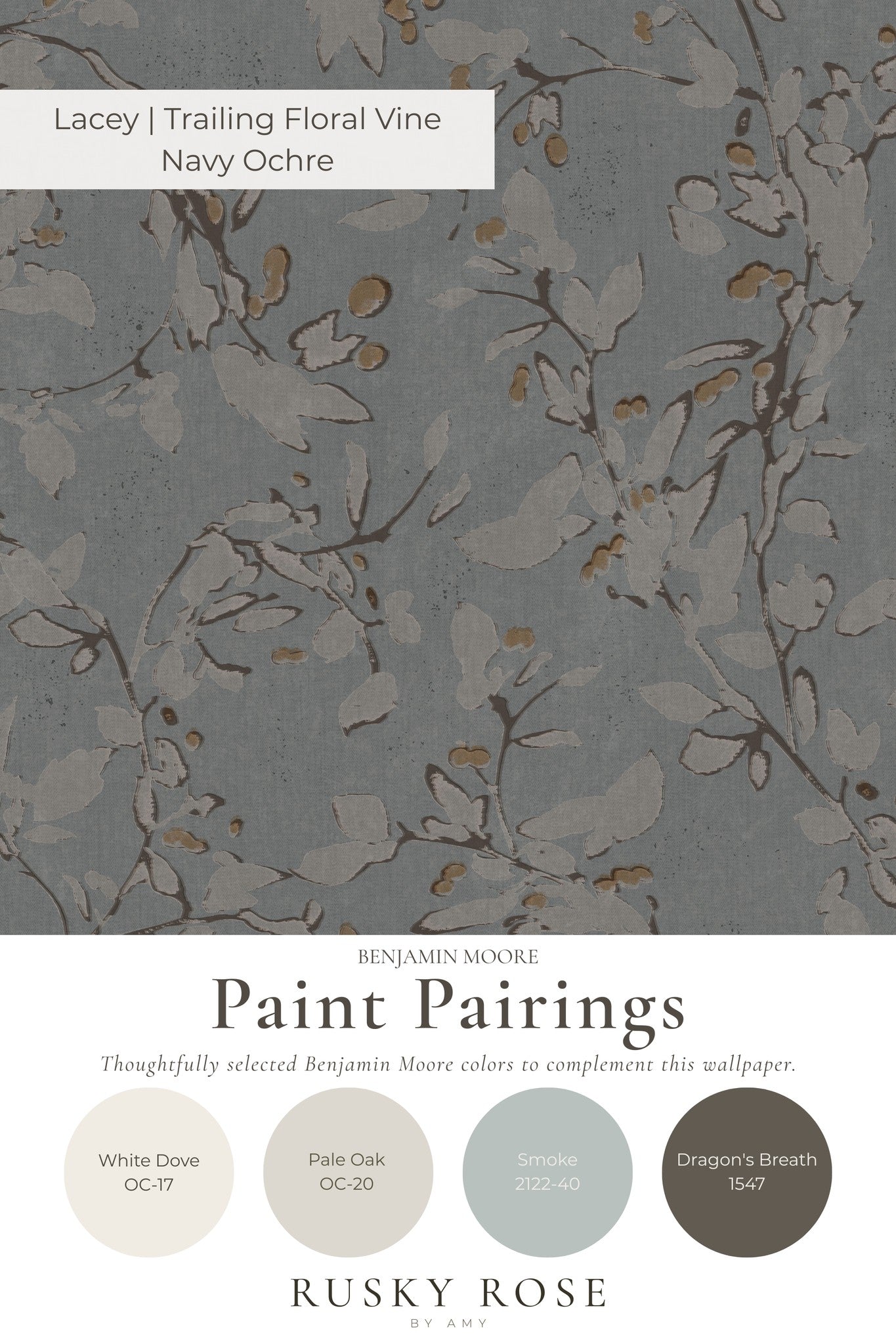 Trailing floral vine wallpaper in navy ochre with botanical motifs on a blue background.