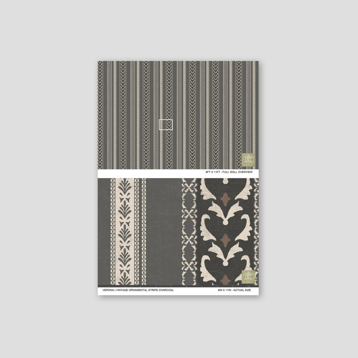 Verona vintage ornamental stripe charcoal wallpaper with intricate motifs on gray background.