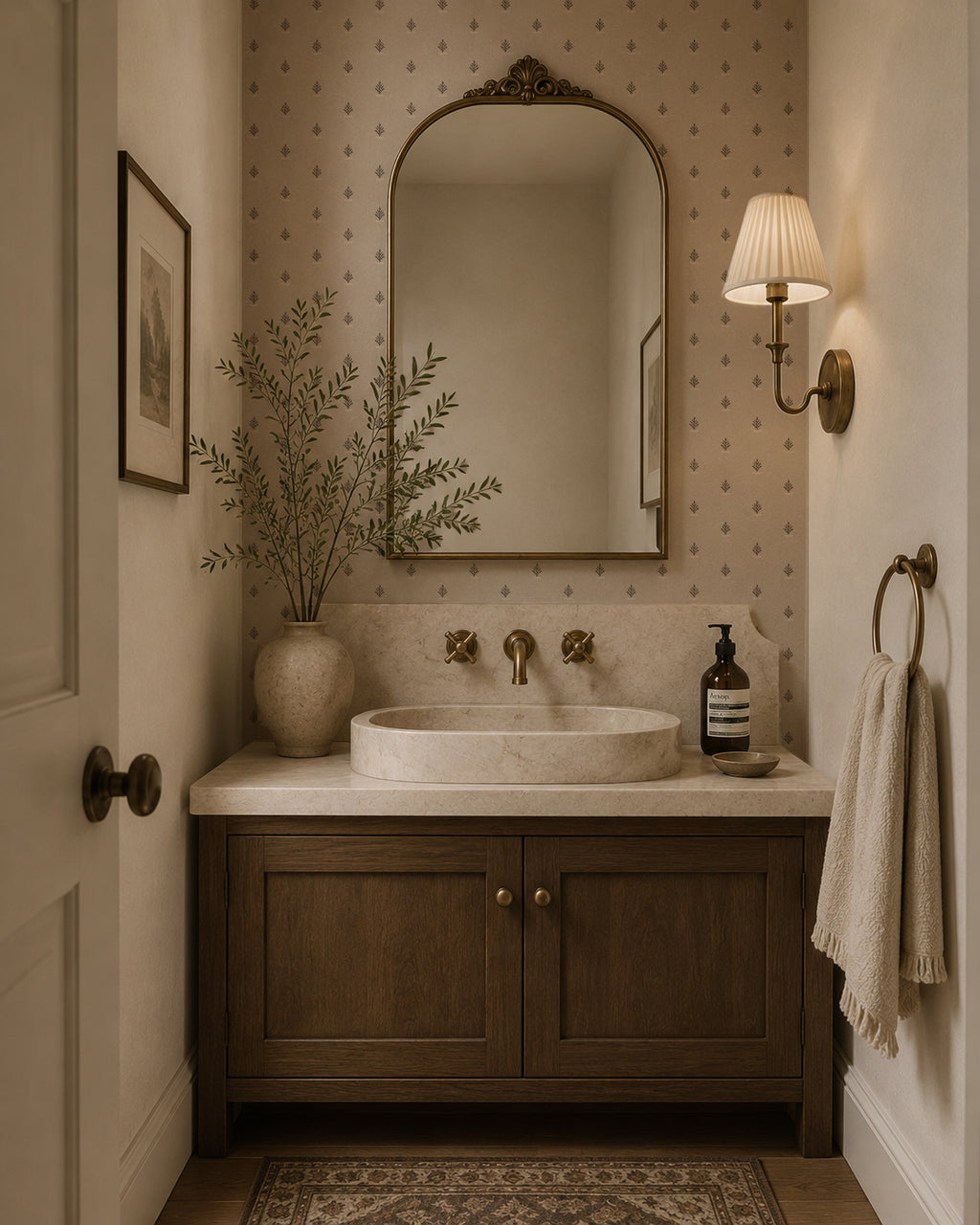 Vintage block print wallpaper in oatmeal with elegant motif in classic bathroom setting.