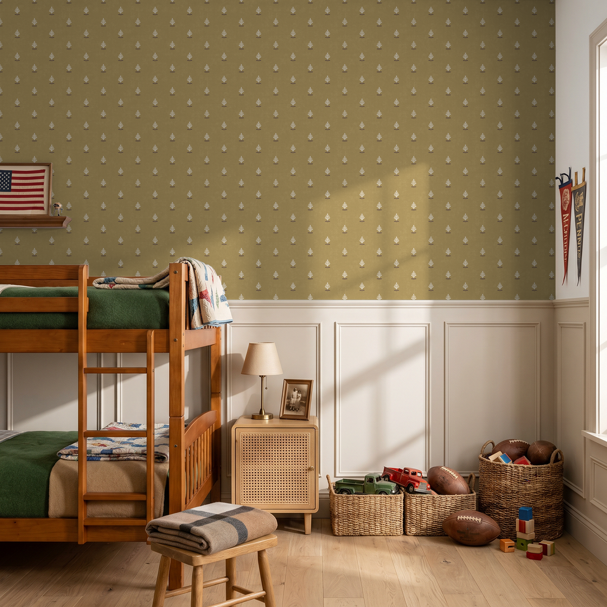 Vintage block print ochre wallpaper in cozy bedroom with bunk bed and toys.