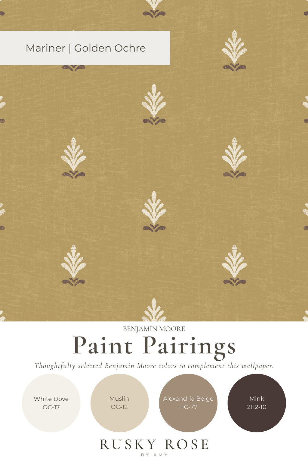Vintage block print ochre wallpaper with cream and brown motifs.