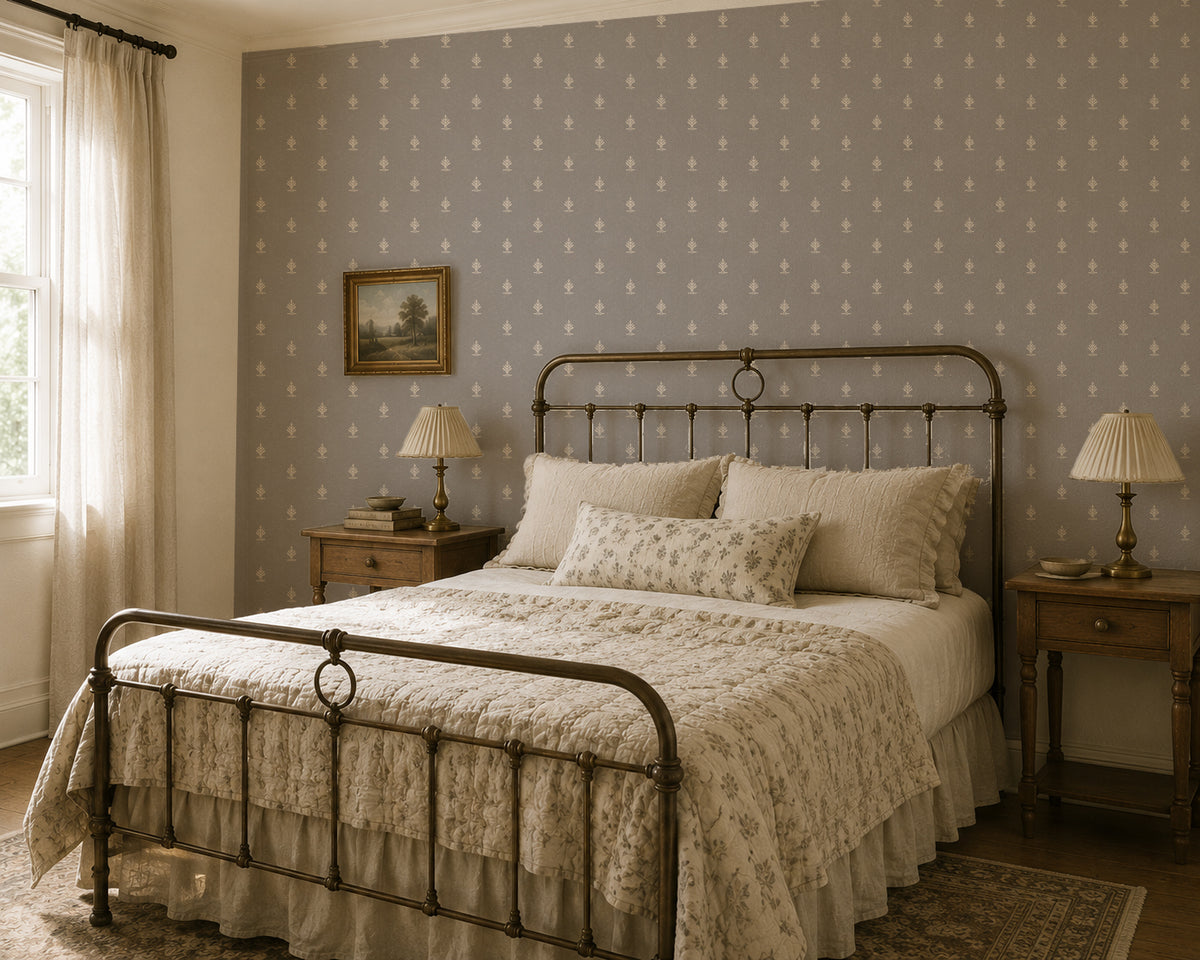 Vintage block print stone wallpaper in cozy bedroom with metal bed and wooden nightstands.