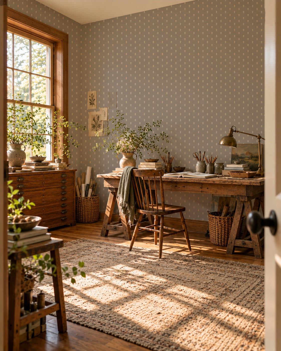 Vintage block print stone wallpaper in a sunlit rustic home office with wooden furniture and plants.
