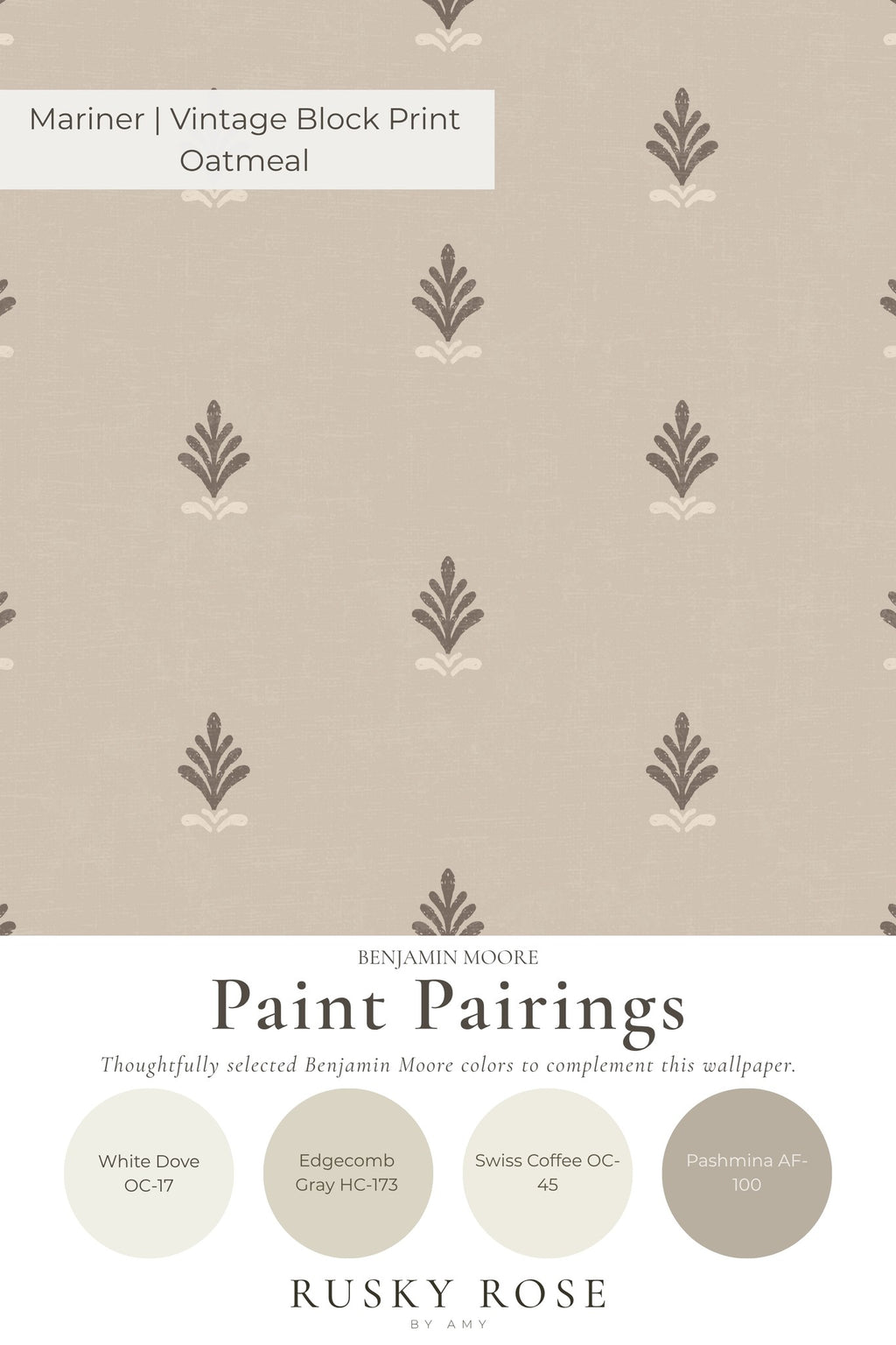 Vintage block print wallpaper with taupe backdrop and ornate motifs.