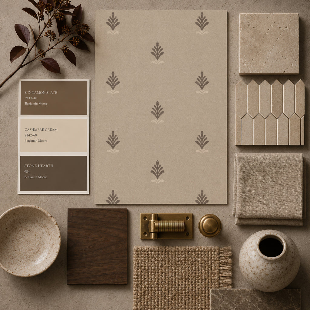 Vintage block print wallpaper in taupe with floral motifs, surrounded by neutral decor samples.