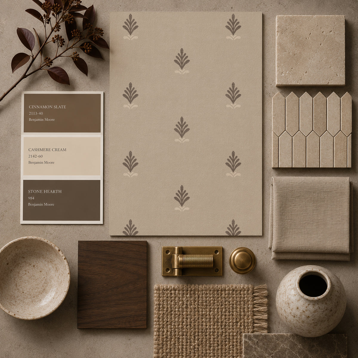 Vintage block print wallpaper in taupe with floral motifs, surrounded by neutral decor samples.