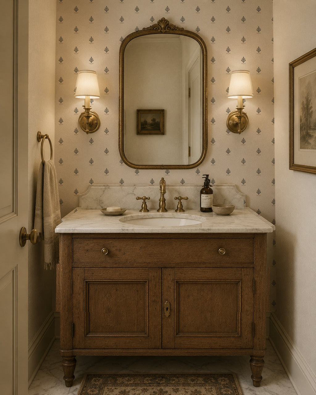 Vintage block print wallpaper in elegant bathroom with wooden vanity and brass fixtures.