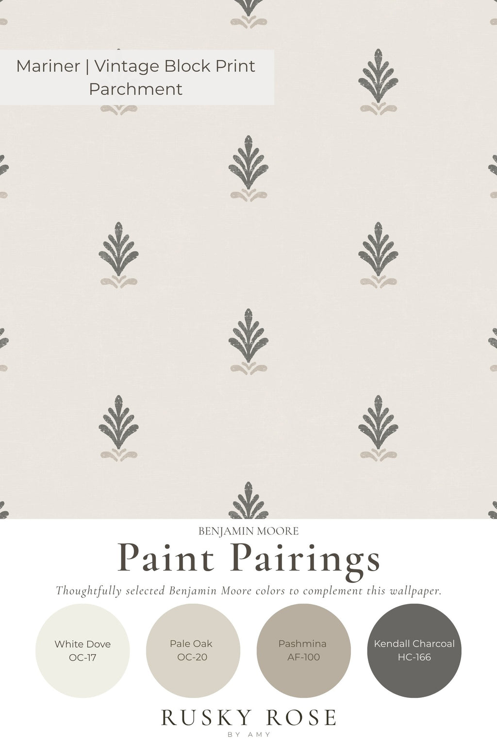 Vintage block print wallpaper with charcoal motifs on cream background.