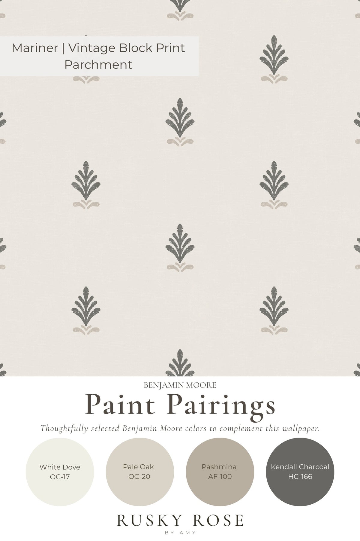 Vintage block print wallpaper with charcoal motifs on cream background.