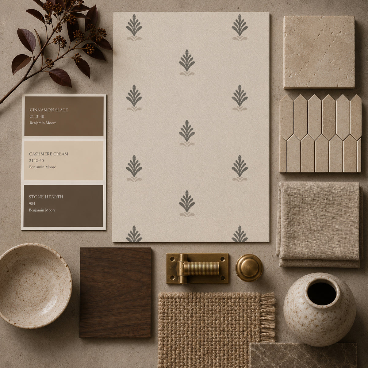 Vintage block print wallpaper with charcoal motifs on cream backdrop.
