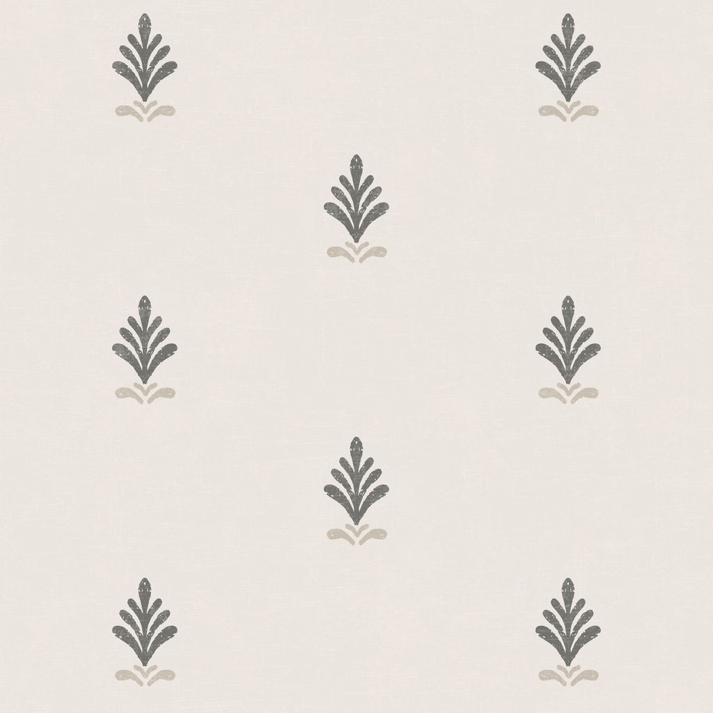 Vintage block print wallpaper with charcoal and taupe floral motifs on cream background.