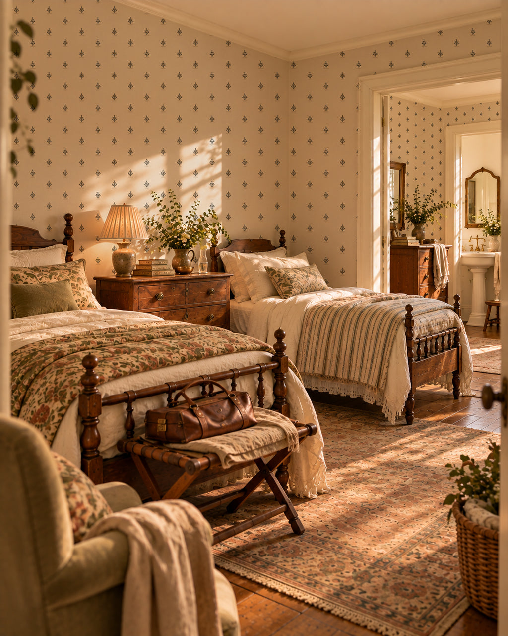 Vintage block print wallpaper in cozy bedroom with wooden furniture and soft lighting.