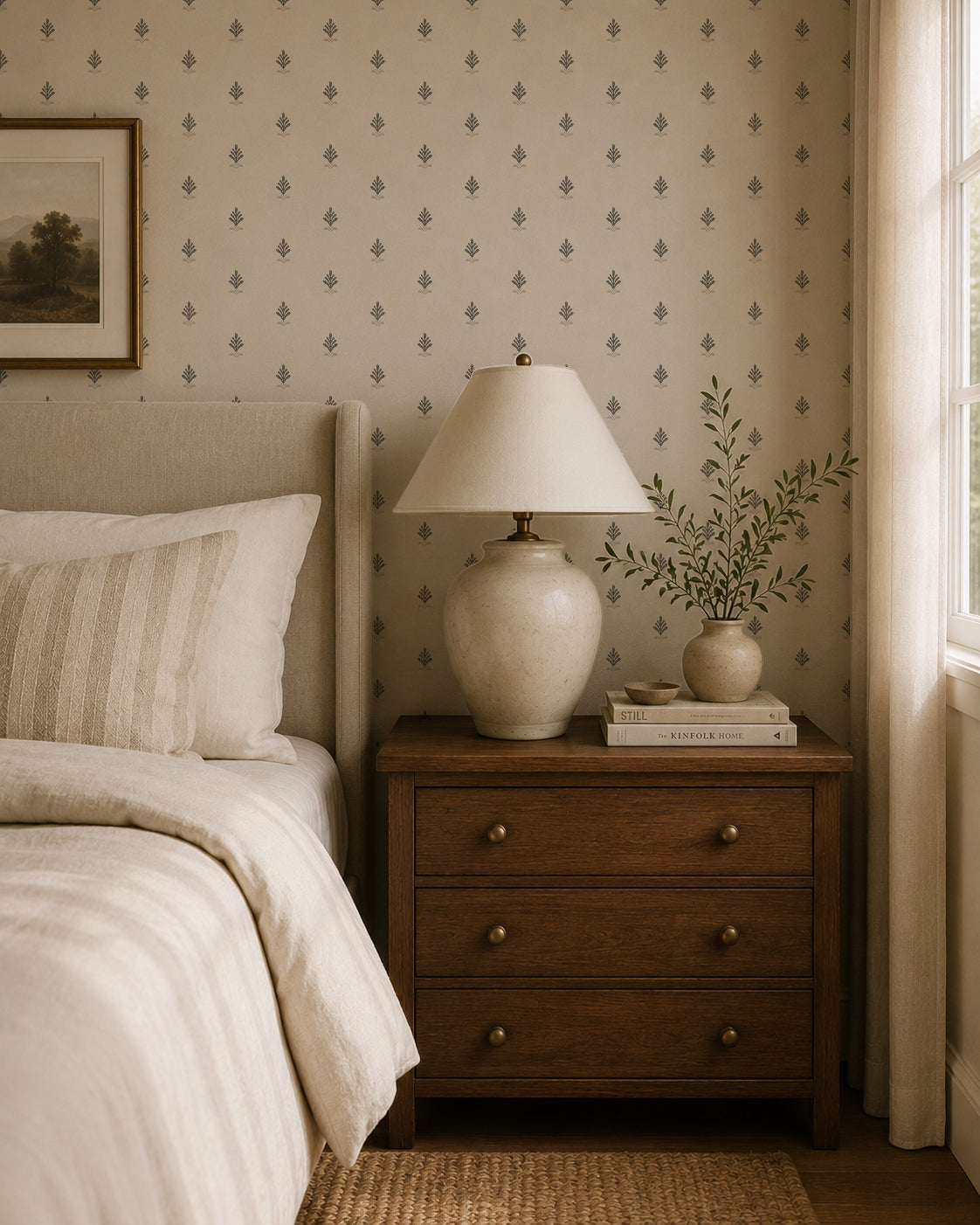 Vintage block print wallpaper in cream with charcoal motifs in cozy bedroom setting.