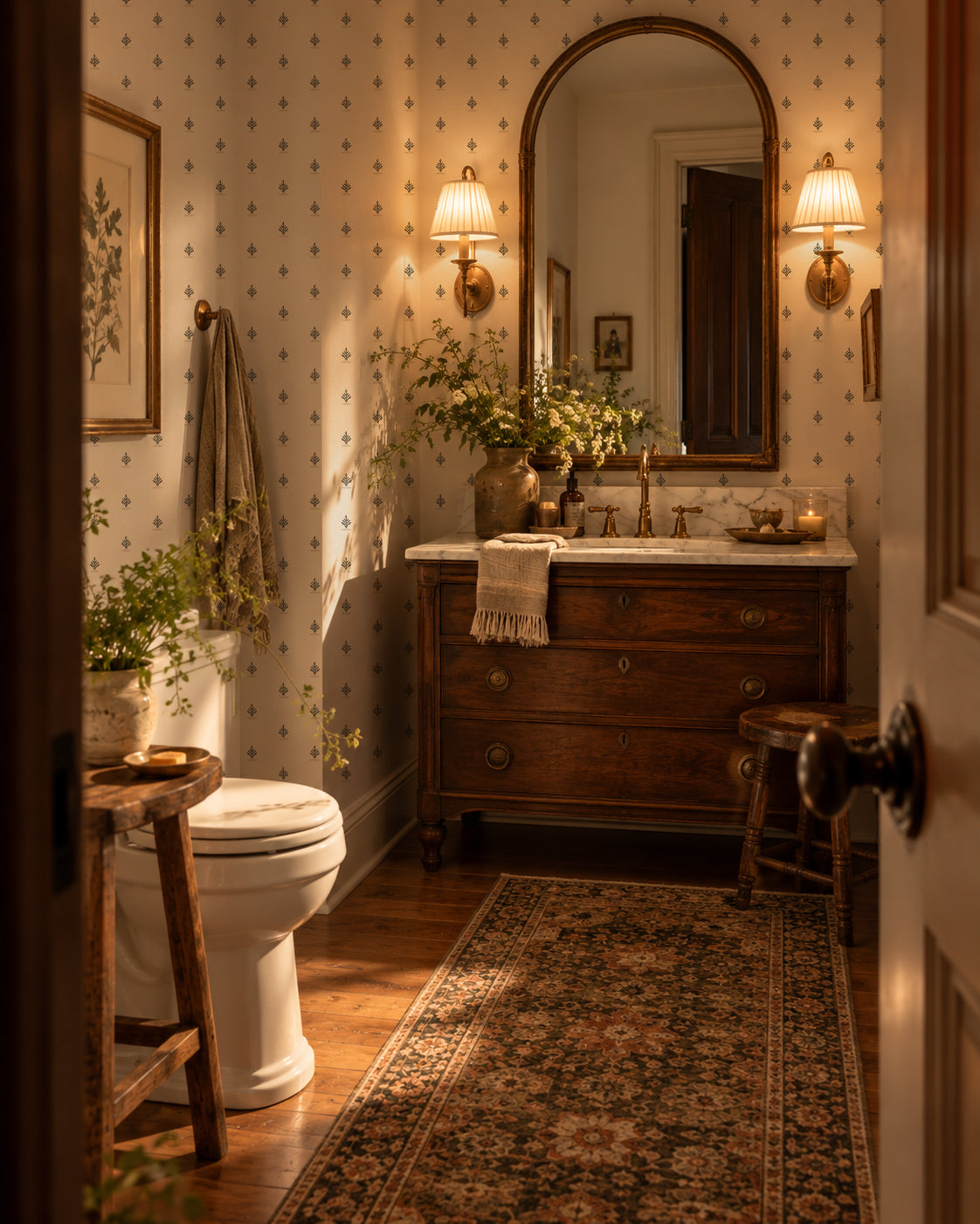 Vintage block print wallpaper in elegant bathroom with wooden vanity.