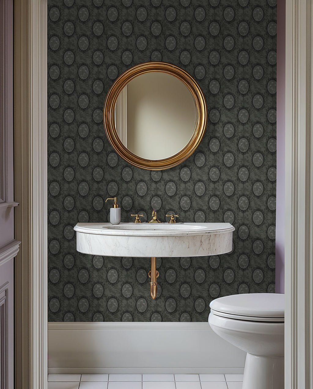 Elegant vintage cameo brown floral wallpaper in bathroom with gold mirror.