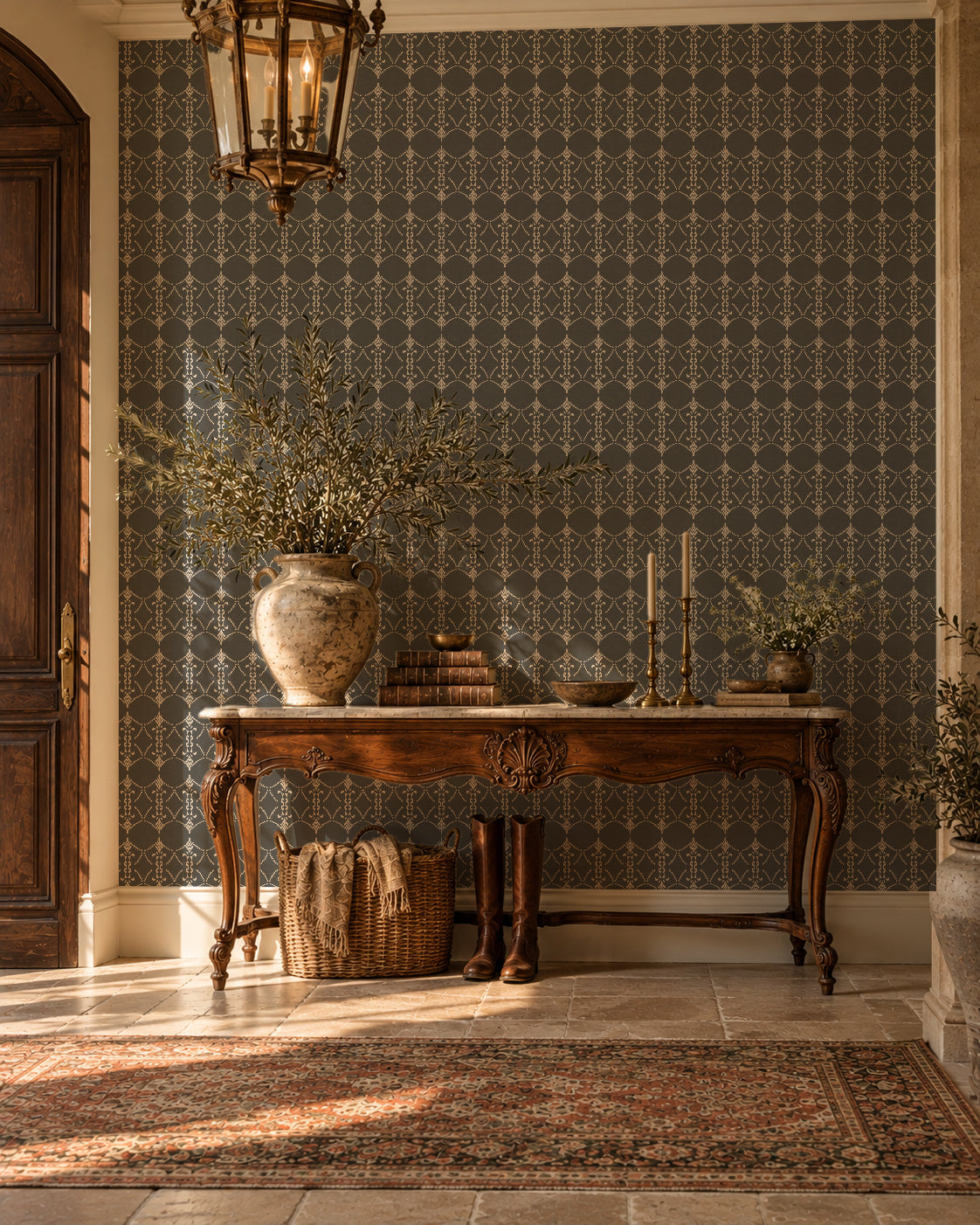 Vintage charcoal trellis wallpaper in elegant room with ornate table and decor.